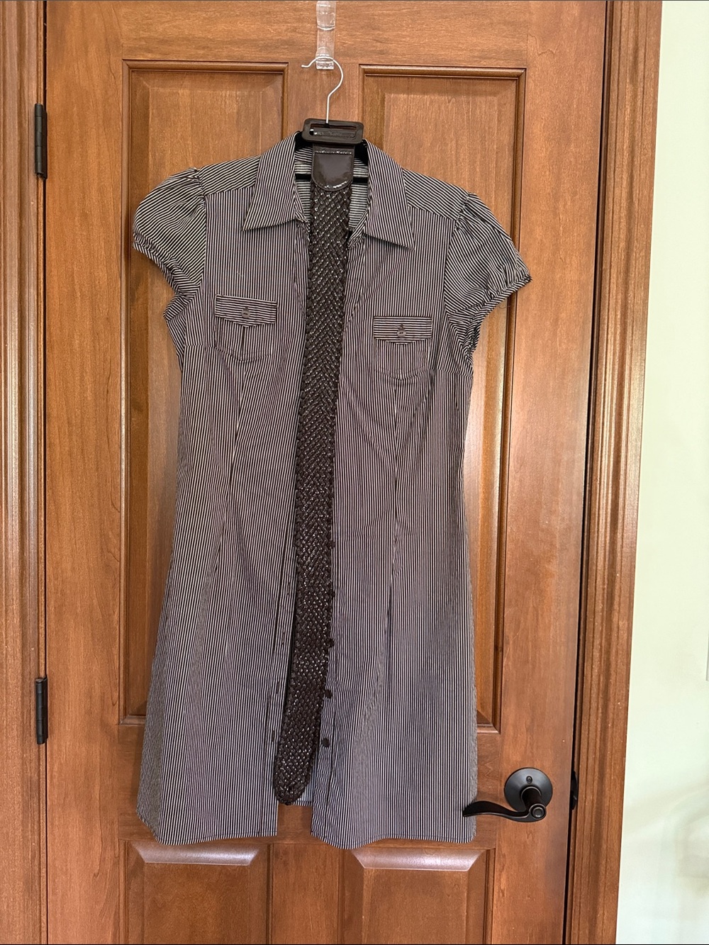 Iz Byer Brown and White Pinstripe Button-Front Shirt Dress